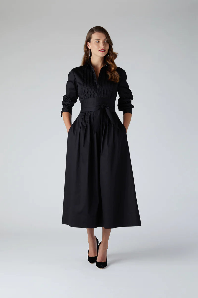 Emily Pintuck Full Shirt Dress in Black