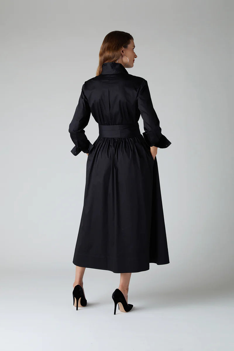 Emily Pintuck Full Skirt Shirt Dress in Black(back view)