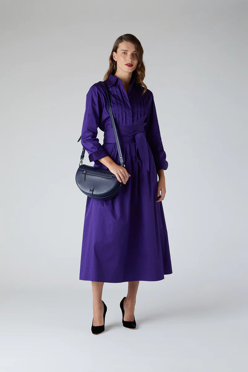 Purple Emily pintuck dress with navy Dahlia saddle bag