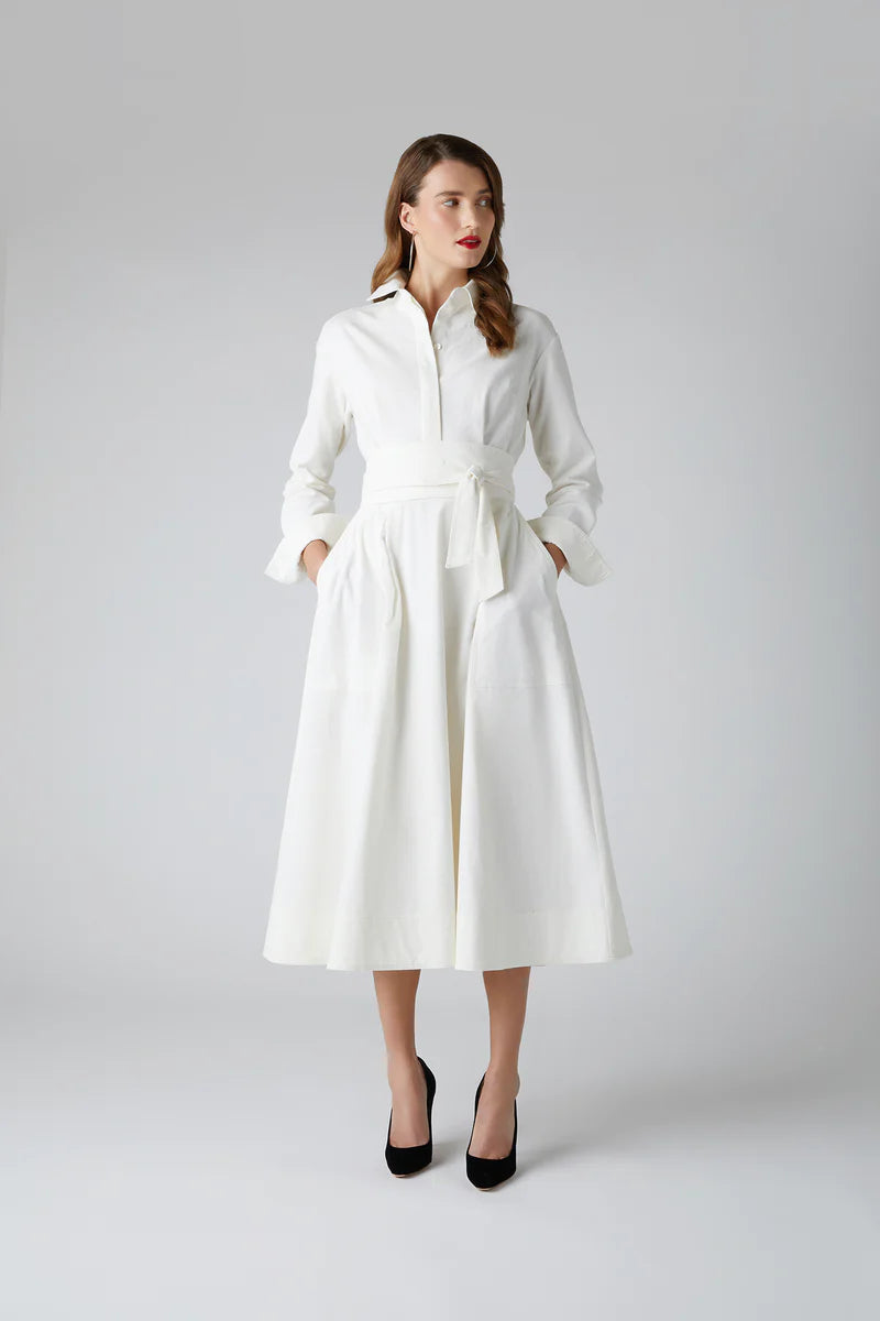 Esme Cord Full Skirt Shirt Dress in White