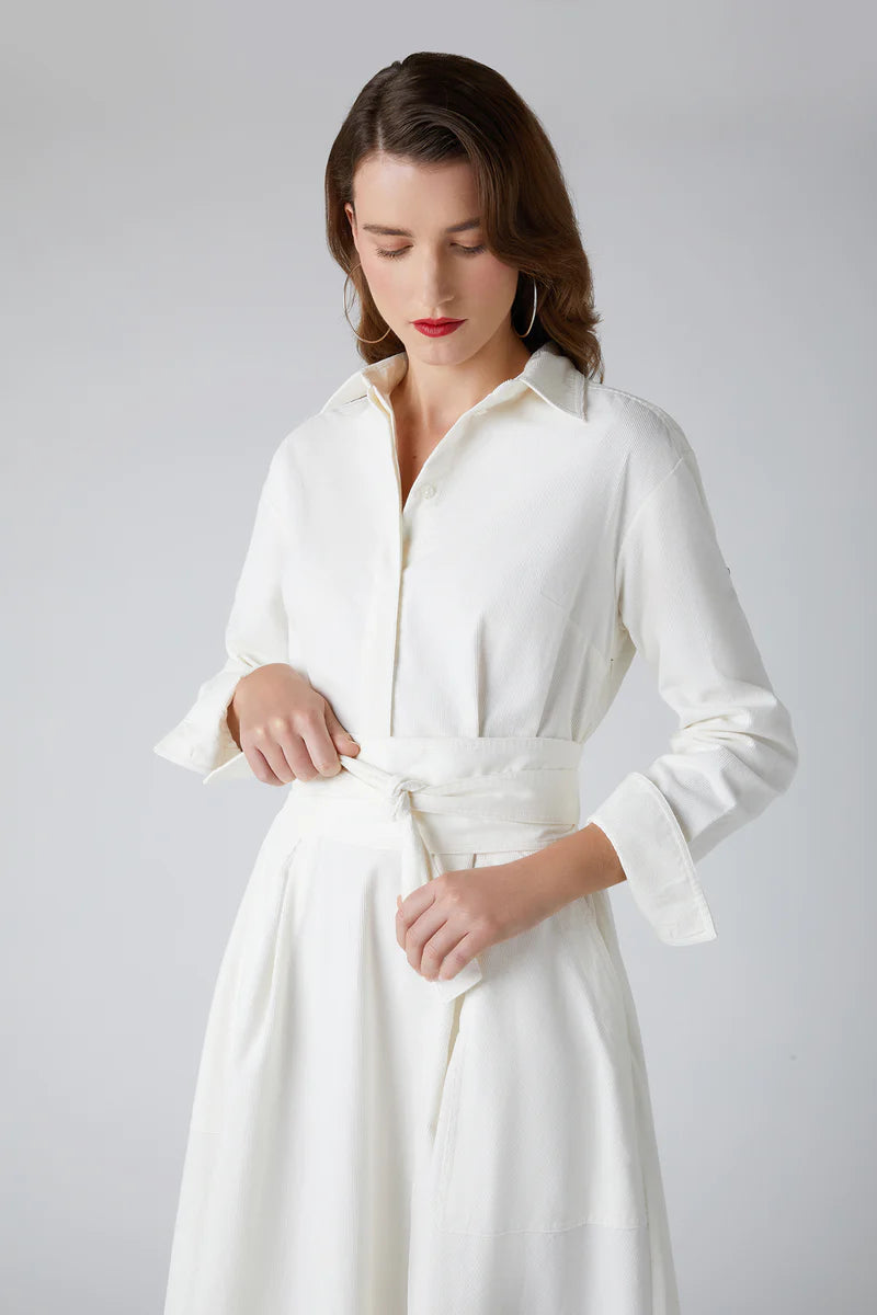 Esme Cord Full Skirt Shirt Dress in White (close up)