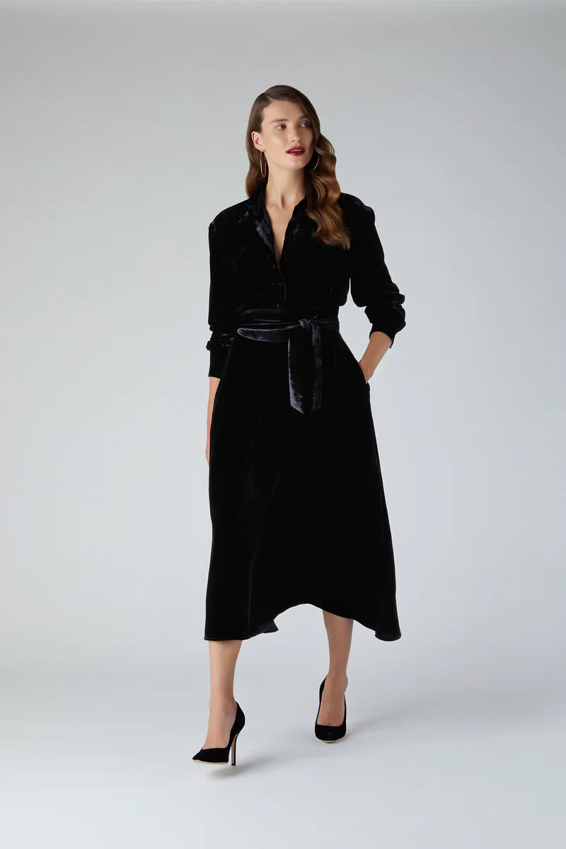 Eve Silk-Blend Velvet Shirt Dress in Black