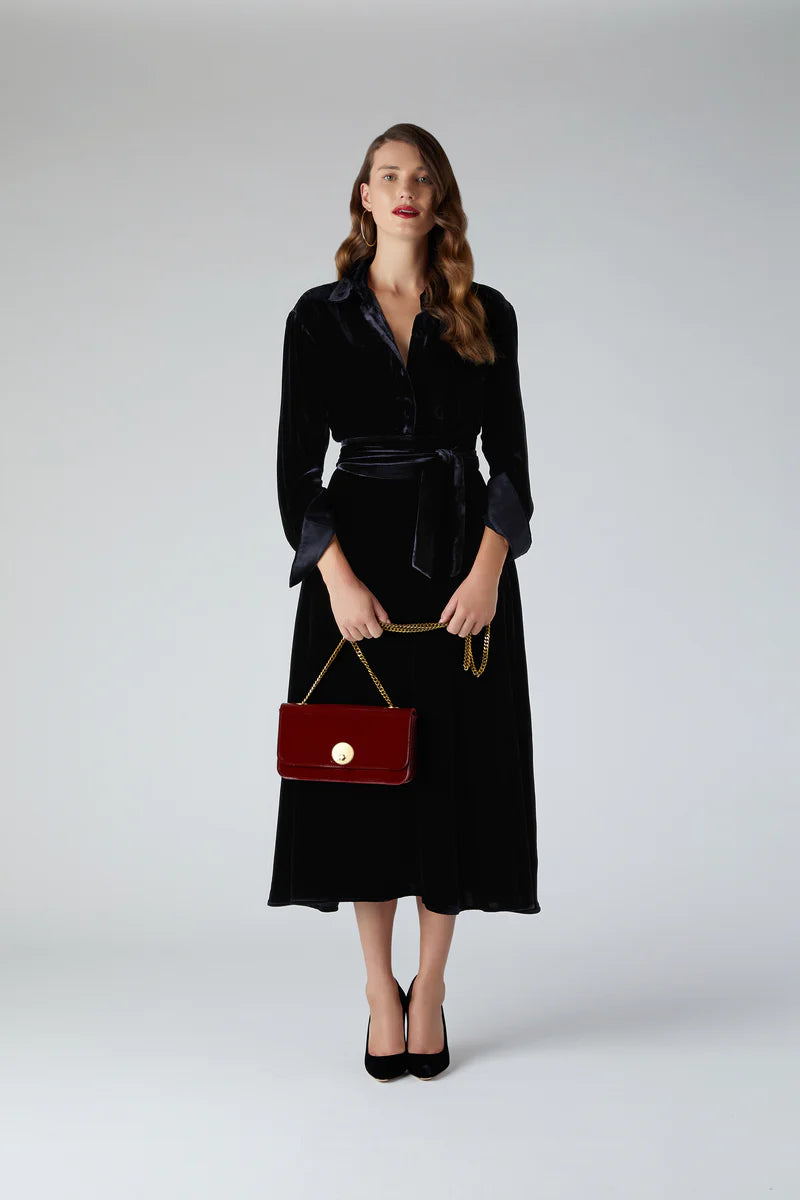 Eve velvet full skirt shirt dress with Celia chain strap evening bag