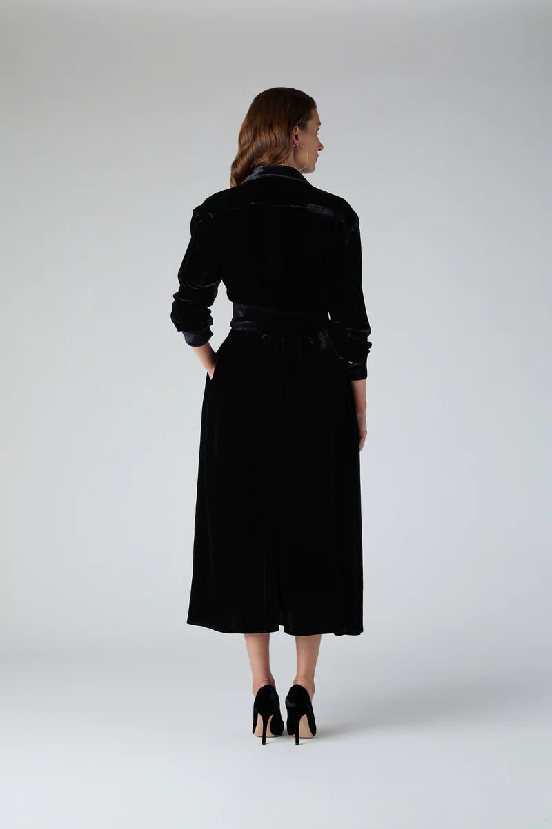 Eve Silk-Blend Velvet Shirt Dress in Black (Back View)