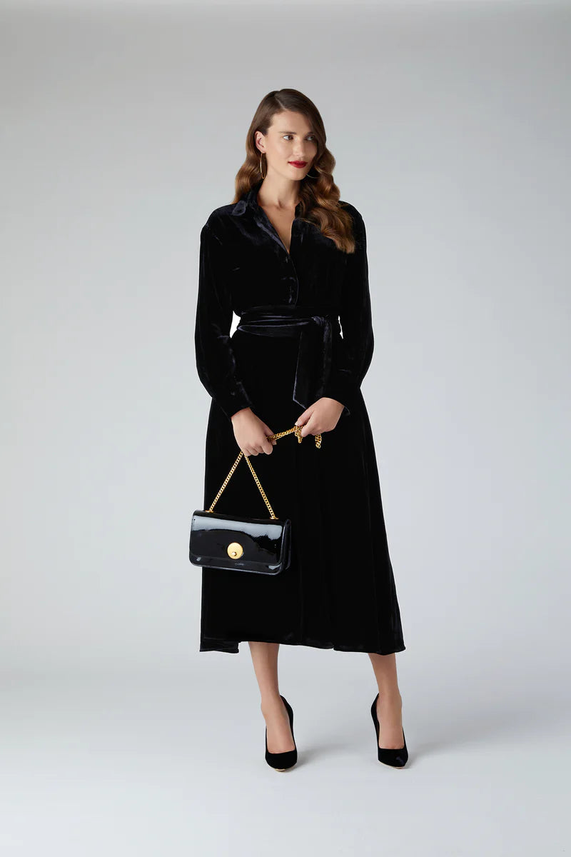 Eve Silk-Blend Velvet Shirt Dress with Celia evening bag