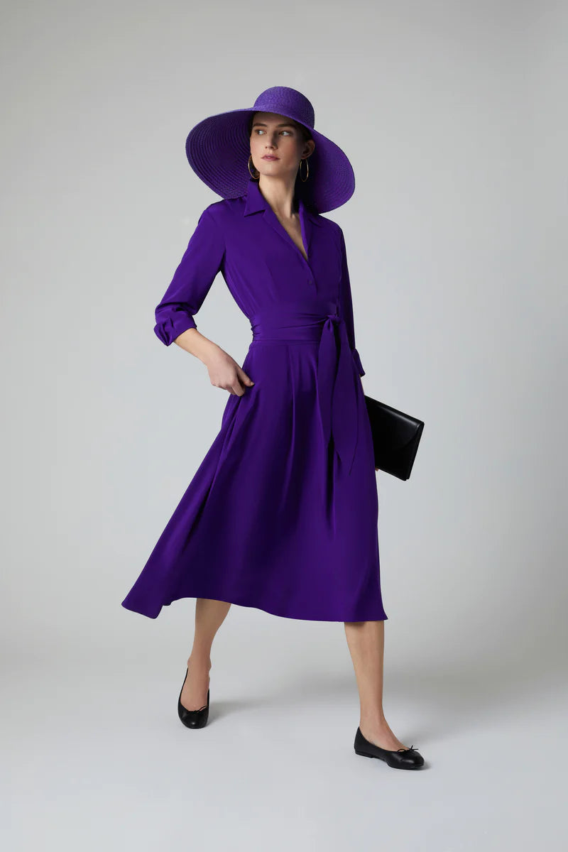 Fleur Silk Full Skirt Shirt Dress in Purple