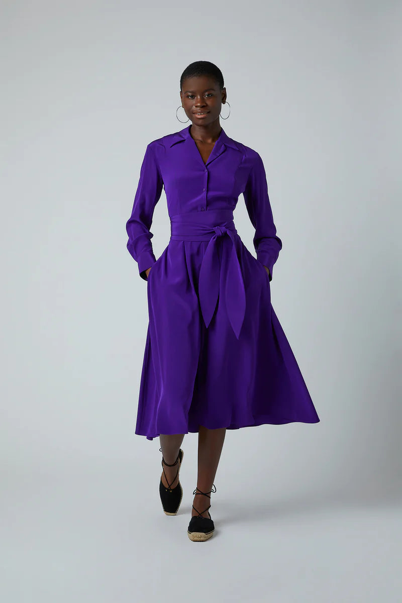 Fleur Silk Full Skirt Shirt Dress in Purple(front view)