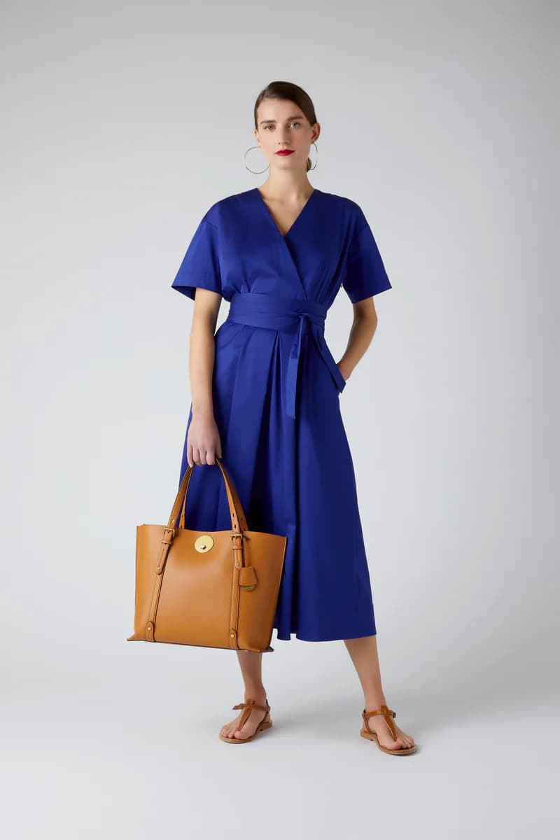 Betsy cotton wrap dress in blue with mustard Alexis crosshatch bag