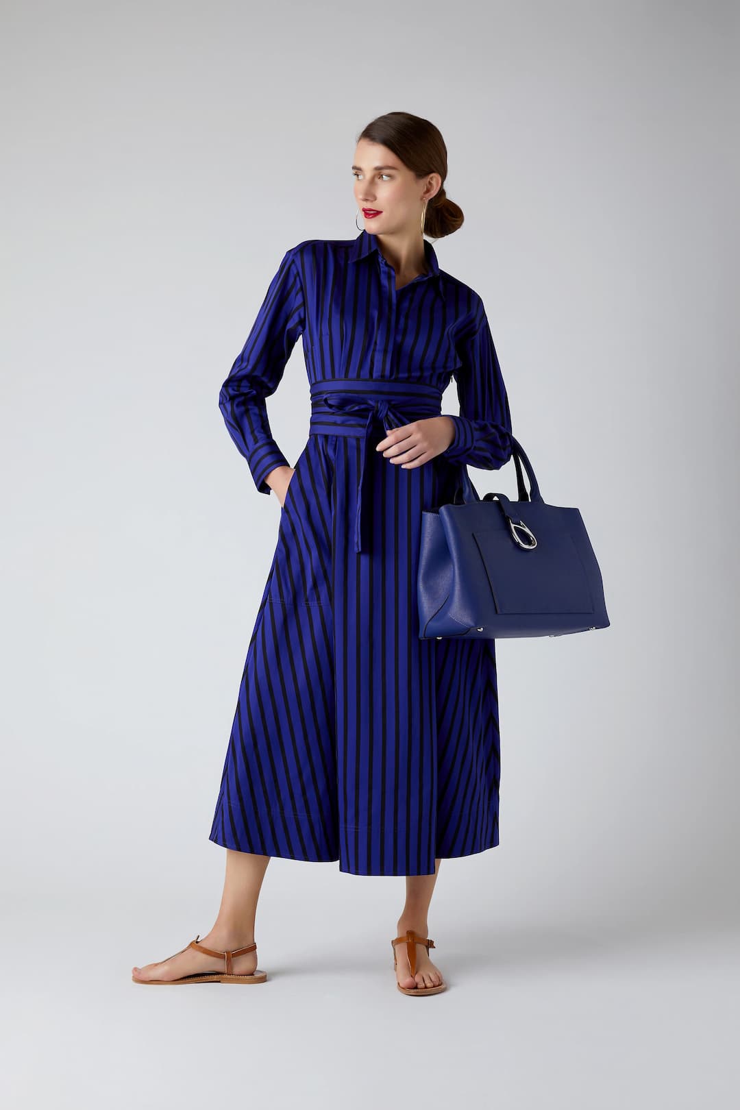 Cobalt Bee leather tote bag paired with the Blue Stripe Bylthe Full Skirt Shirt Dress