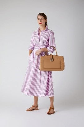 Camel Bee Leather Tote Bag with Blythe striped full skirt shirt dress