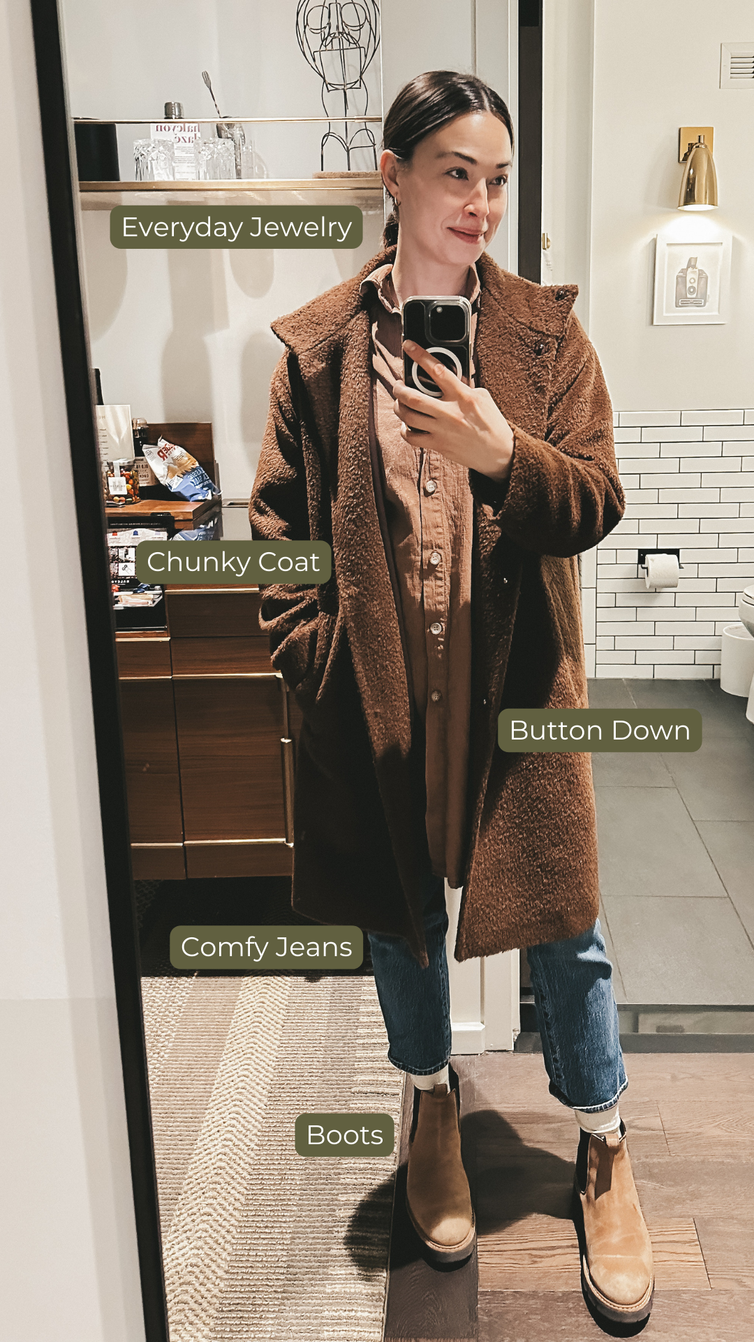 out fit idea with chunky coat, boots, button down, and everyday jewelry