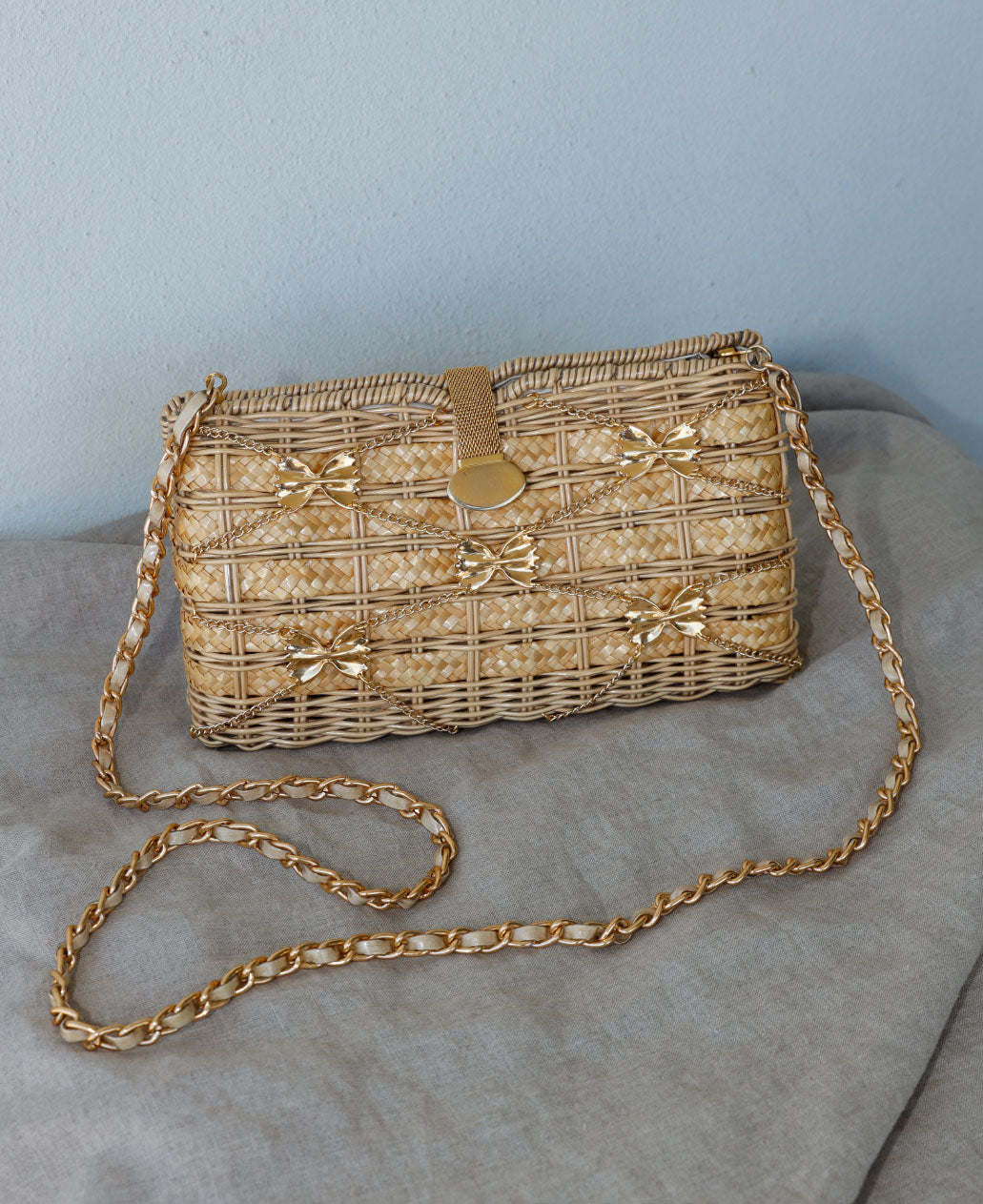 Vintage rattan handbag with gold farfalle pasta charms