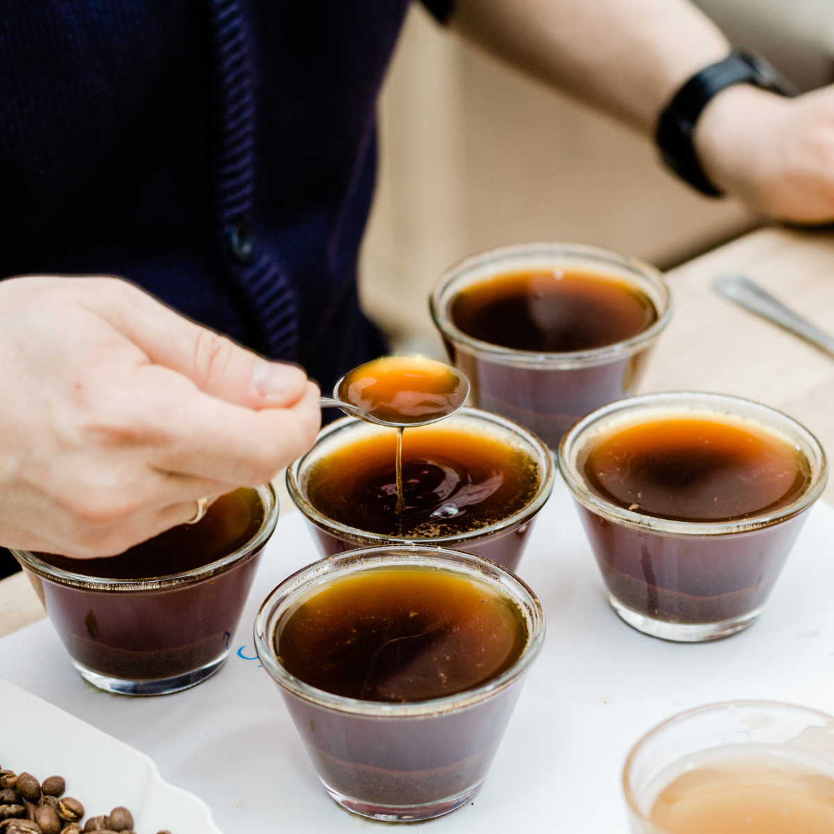 The cupping spoon, with its deep, wide bowl, is a specialized tool crafted for precise slurping and comprehensive evaluation of coffee.