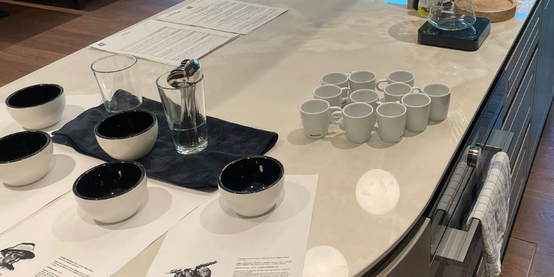 Cupping and brewing table at a corporate event in frankfurt, germany