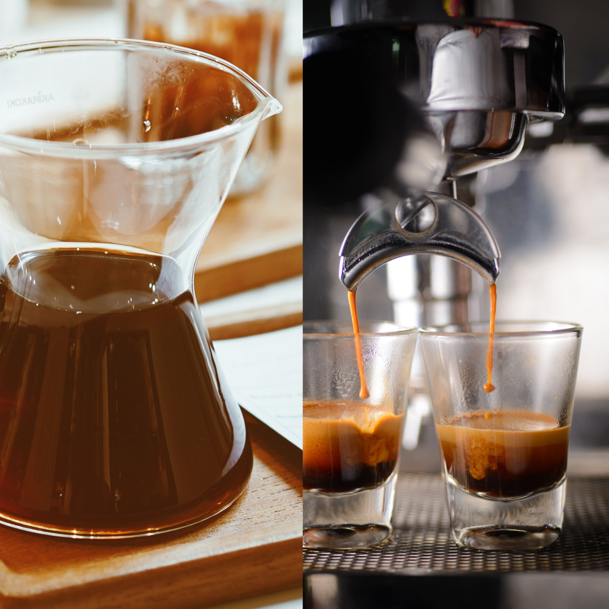 On the right, a pour-over coffee setup; on the left, espresso being brewed. Consistency makes all the difference!