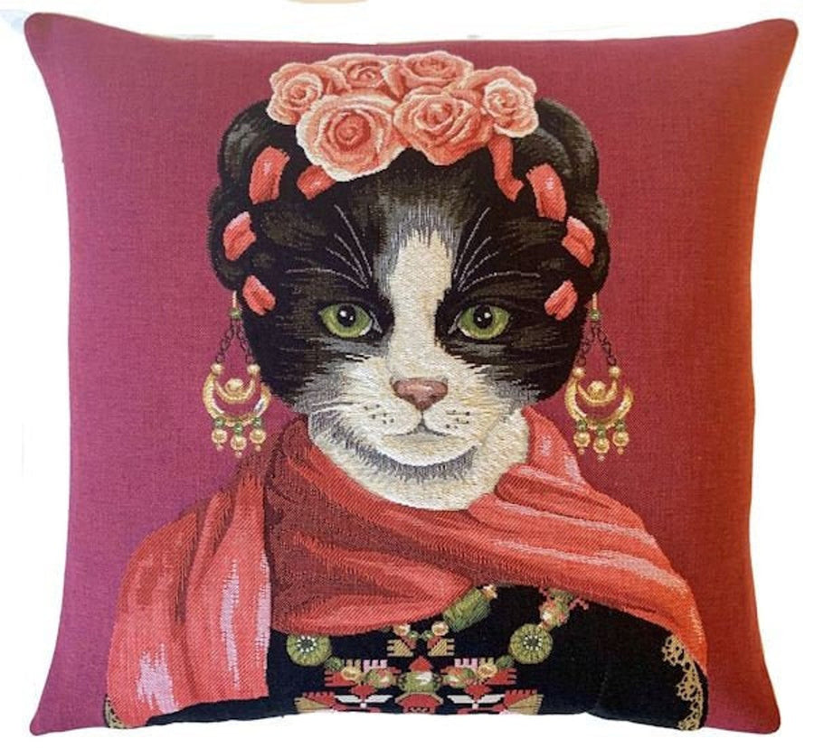 hartstochtelijk kever Sluier Sierkussen kat Frida Kahlo met sjaal - design Sequoia/Yapatkwa 45x45 c –  huiskat.nl