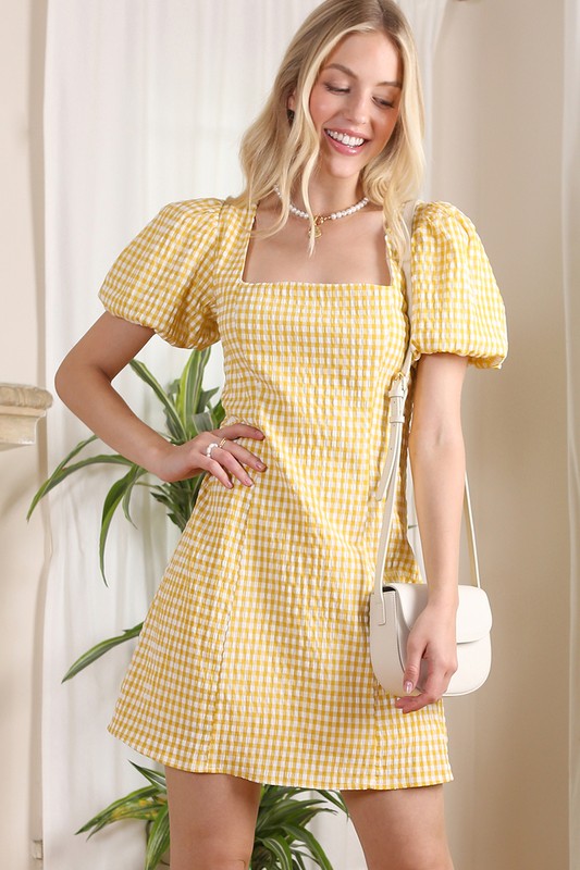 Somewhere to Go Tie Back Gingham Print Dress