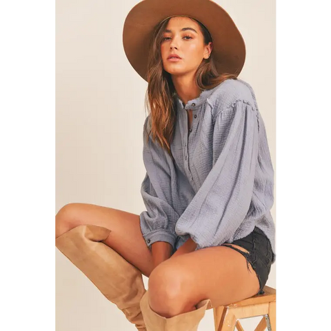 Distressed Button Down Top EVERBLUE top