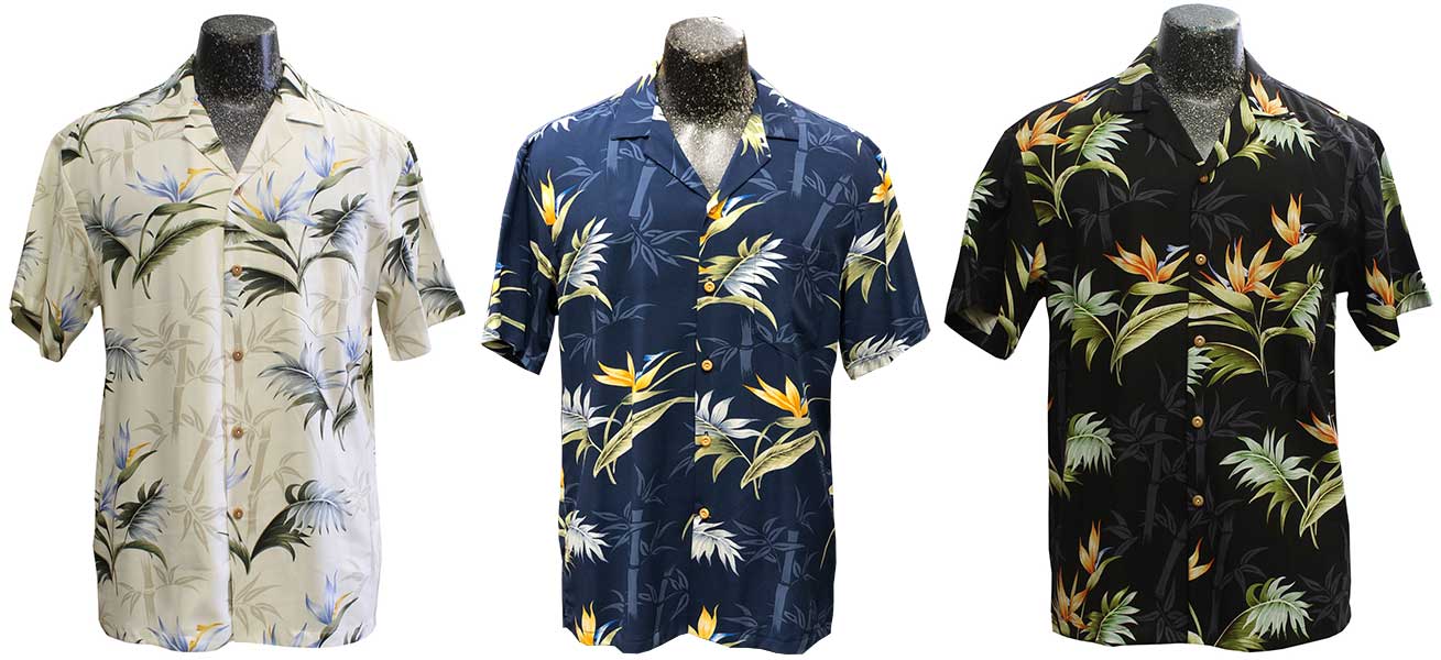 Bamboo Paradise Hawaiian shirts in Cream, Navy, and Black