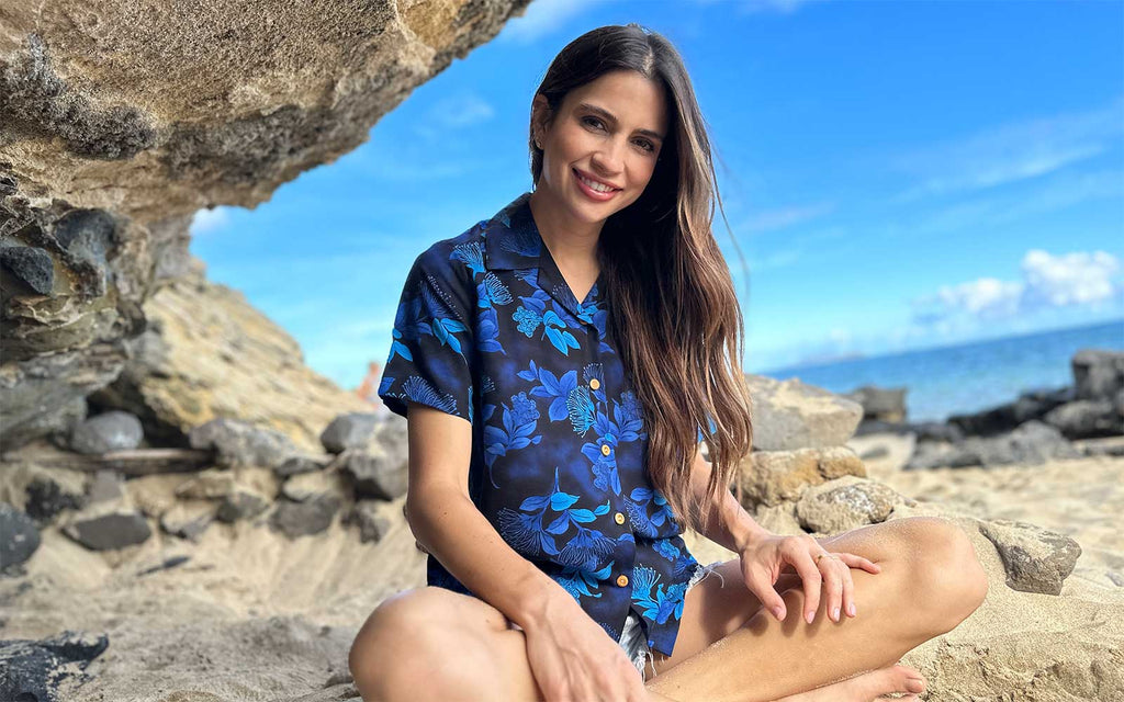 Sitting at the Beach in Women's Ohia Camp Shirt