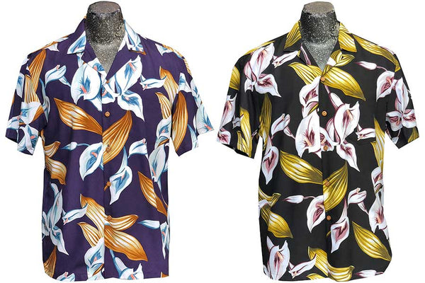 Calla Lily Hawaiian shirts in purple and black