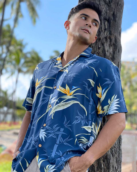Bamboo Paradise navy men's Hawaiian shirt