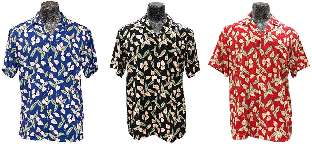 Mini Anthurium Hawaiian Shirts in blue, black, and red