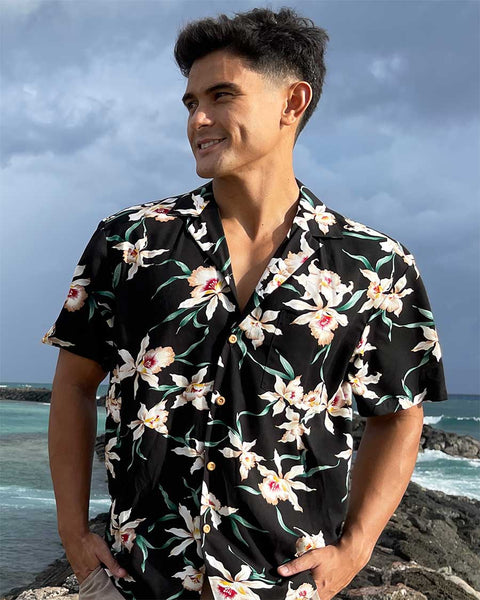 Star Orchid black Hawaiian shirt