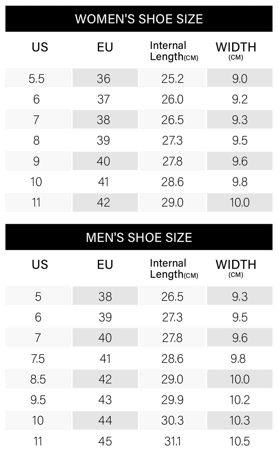 Anime X Sneakers Size Chart