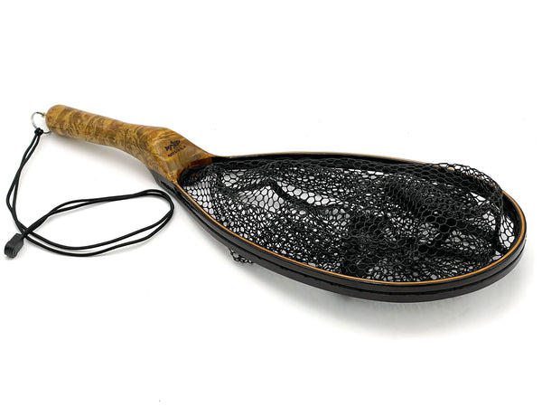 Image showcasing the NIRVANA Wooden Small Stream Net from the outermost point of the net to the handle with an attached ring and attachment for a bag or hip pack.