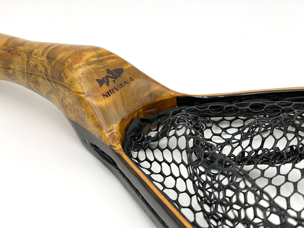 Close up image of where the wooden handle meets the net and showcasing the brand logo.