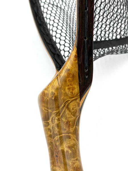 Side Profile of the NIRVANA Wooden Small Stream Net where the handle meets with the netting.