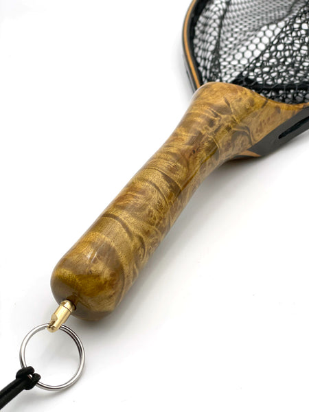 Close up image of the NIRVANA Wooden Small Stream Net focusing on the handle.