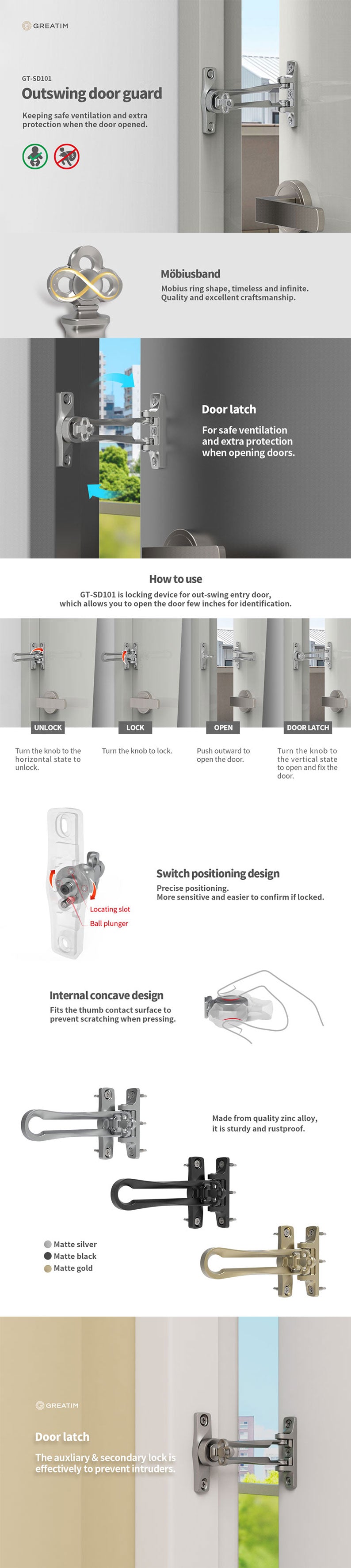 Greatim Outswing Door Guard SD101 -The locking device for out-swing entry door, which allows you to open the door few inches for indentification.