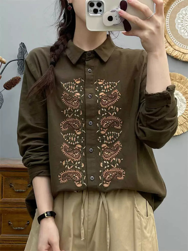 Cotton Brushed Long Sleeve Shirt with Heavy Embroidery for Women