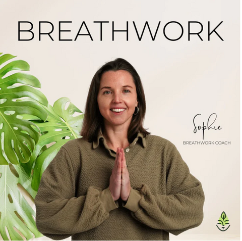 Photo of Sophie with hands in prayer position and the word breathwork