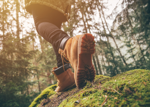 A woman's legs and feet in hiking gear stepping over a mossy rock