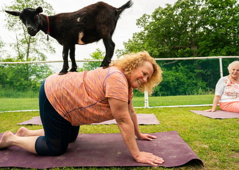 A white woman in her 50's is on her hands and knees on a yoga mat in an outdoor environment. There is a black goat balanced on her back, facing in the other direction. In the background another white woman is sitting on a yoga mat and watching them.