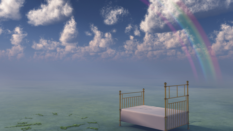 Landscape with bed standing on water and clouds in the sky