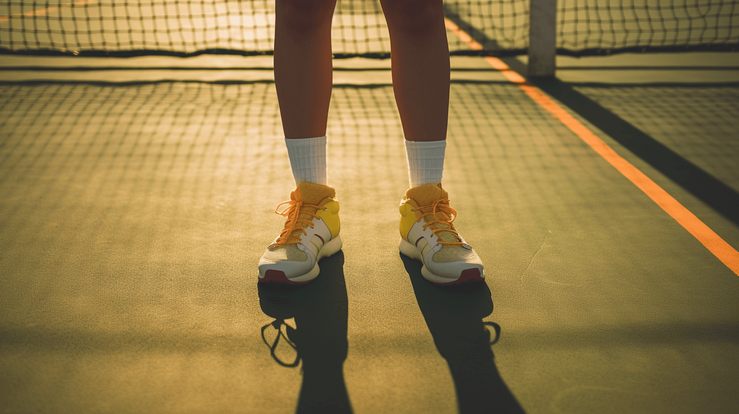a person standing on tennis court with two white tennis socks and tennis shoes