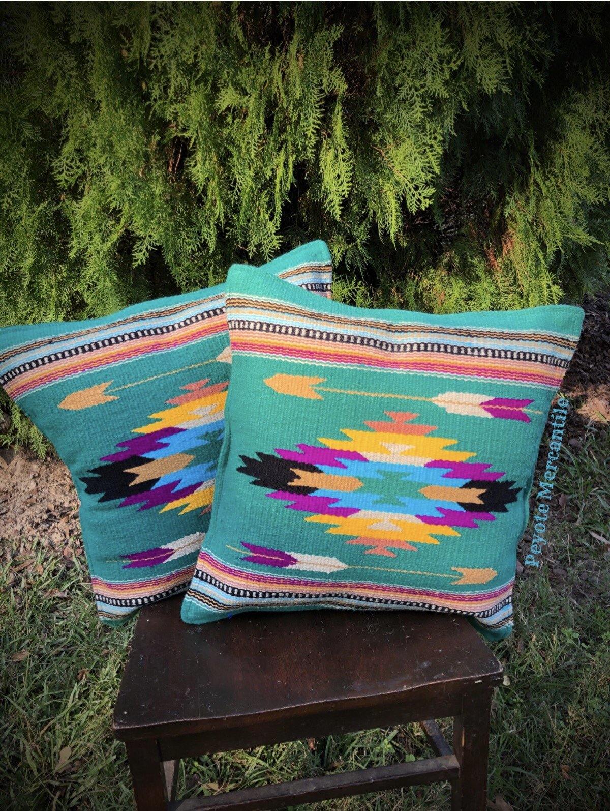 Western Pillow Covers 18 x 18 Woven Wool Turquoise Color Southwestern Decor  Throw Pillow