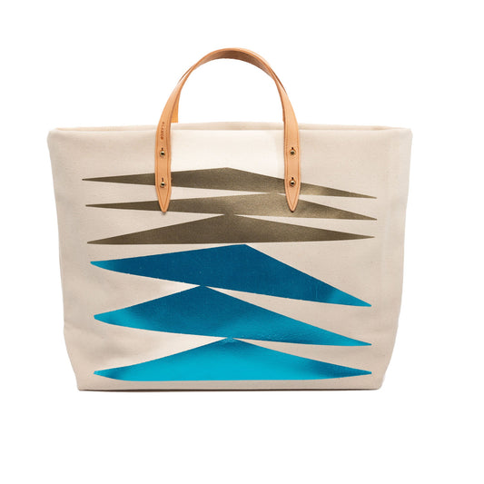 Natural canvas and leather designer tote bag, neon blue & gold print –  Blanco Bags