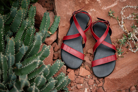 Barefoot Ahinsa sandals near a cactus