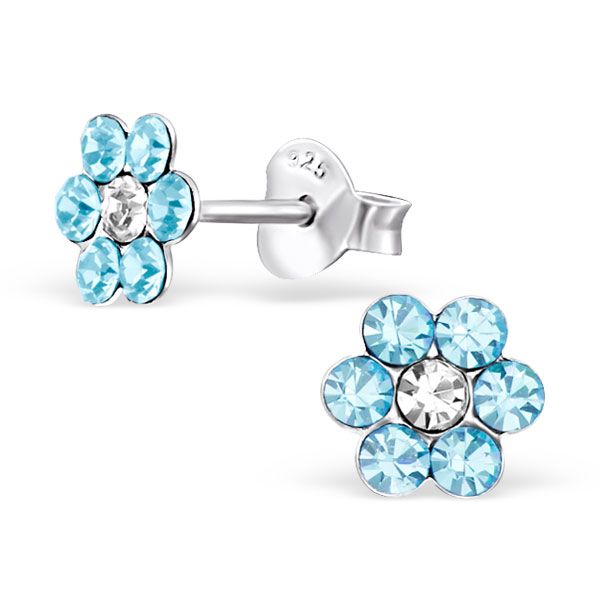 🦚 Kinder Mädchen Ohrstecker Ohrschmuck Blume Kristall 925er Silber Ohrringe hellblau