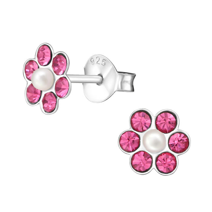 🦚 Kinder Mädchen Ohrstecker Ohrschmuck Blume Kristall Perle pink 925er Silber Ohrringe