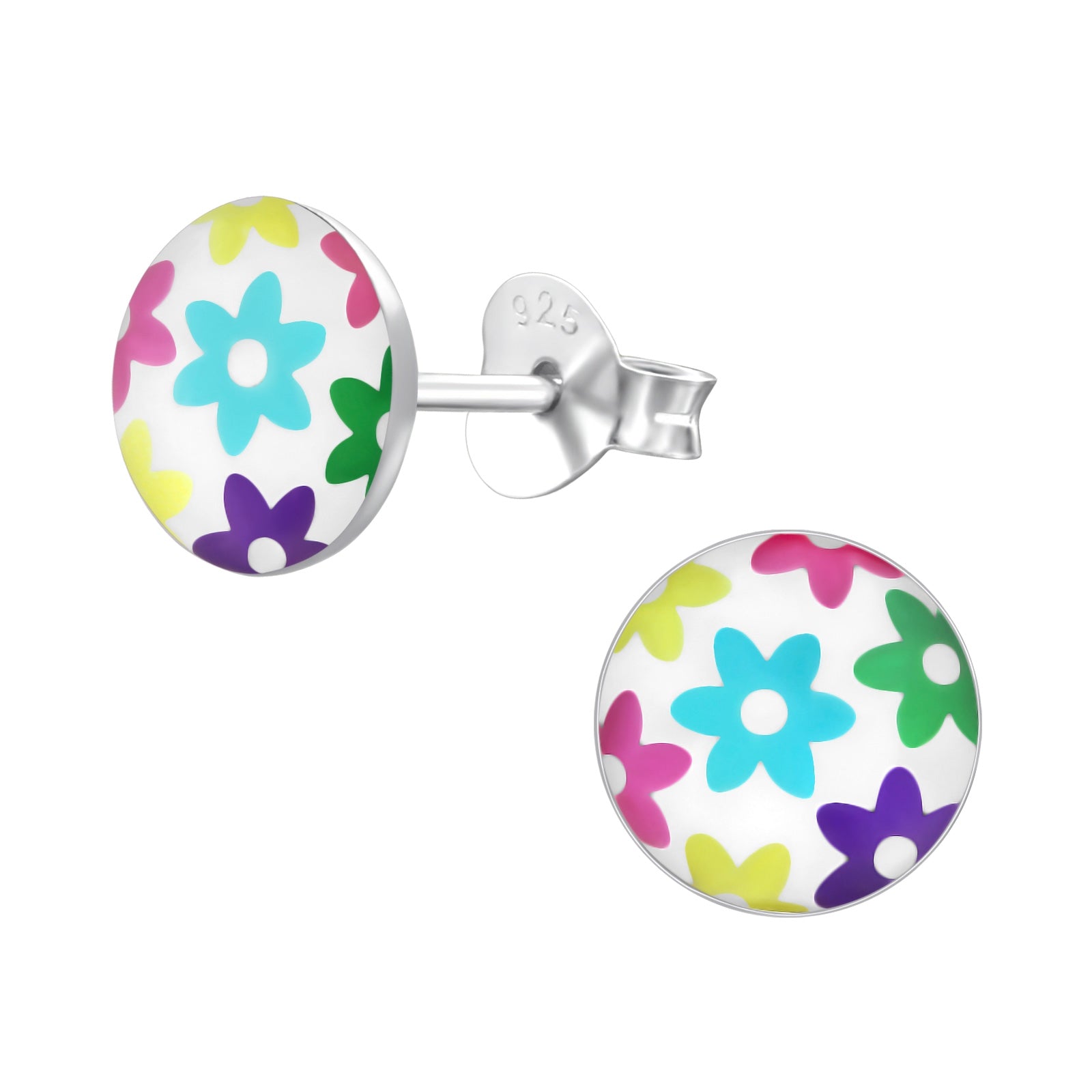 🦚 Kinder Mädchen Ohrstecker Blumen bunt Logo Print 925er Silber Ohrringe Blümchen Kinderschmuck Ohrschmuck