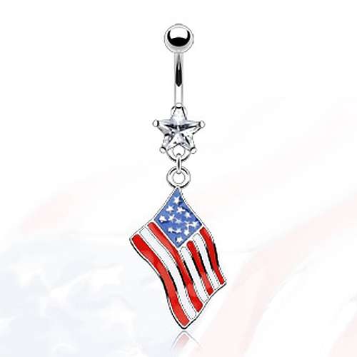 🦚 Bauchnabelpiercing mit USA Flagge und Kristall-Stern Chirurgenstahl