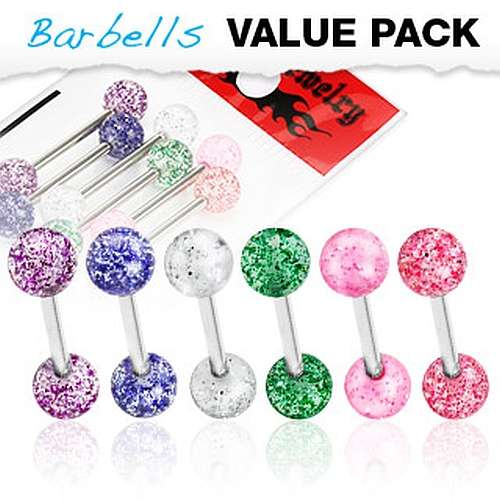 🦚 6er Set Zungenpiercing Barbell mit Glitzer Acryl Kugeln