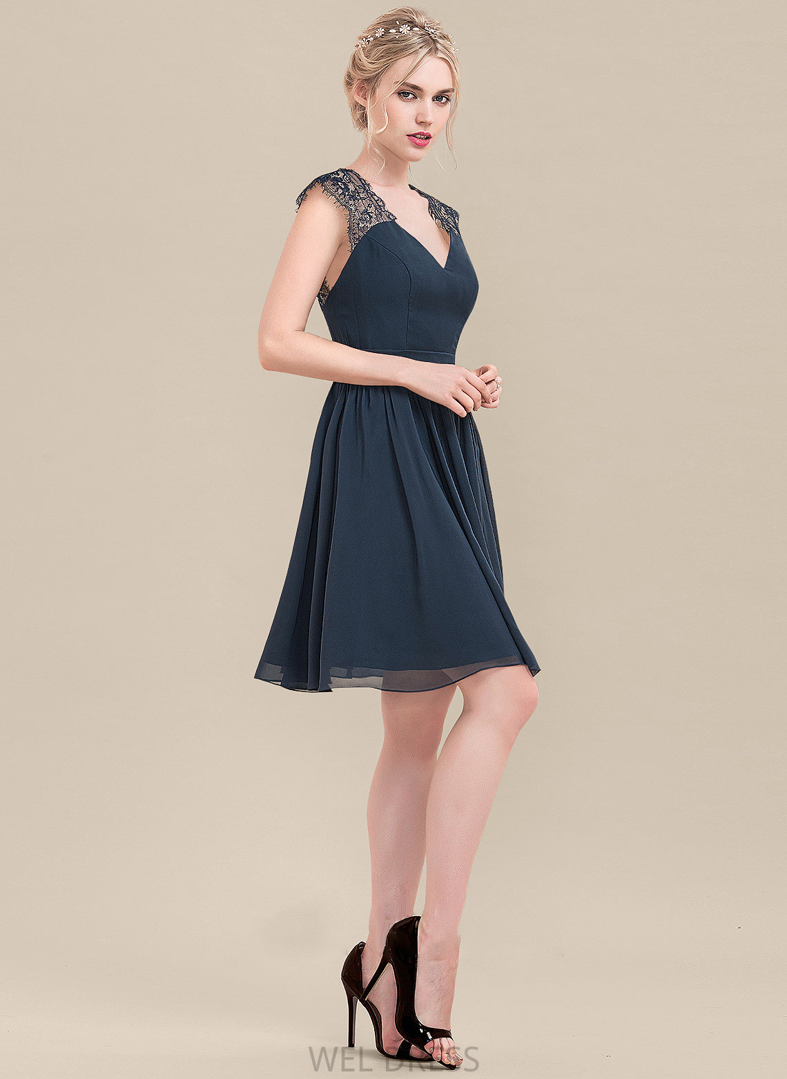 Knee-Length Fabric Lace Silhouette A-Line Length Straps V-neck Neckline Samara Floor Length Natural Waist