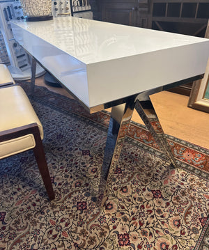 White Lacquer Desk with Chrome Legs 63" W - Distinctive Interiors and Design